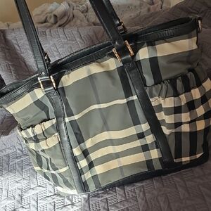 Burberry Classic Plaid Tote Bag in Black and Cream - Diaper Bag